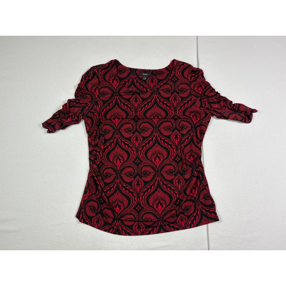Alfani Womens XL Red Black Damask Ruched Short Sleeve High Low Blouse Top